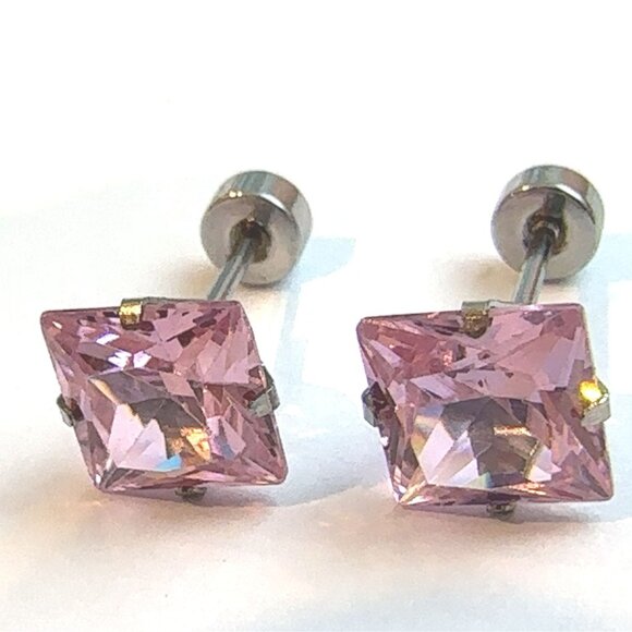 🆕 Stainless Steel 6MM Princess Cut CZ Pink Screw Back Earrings - Picture 2 of 5